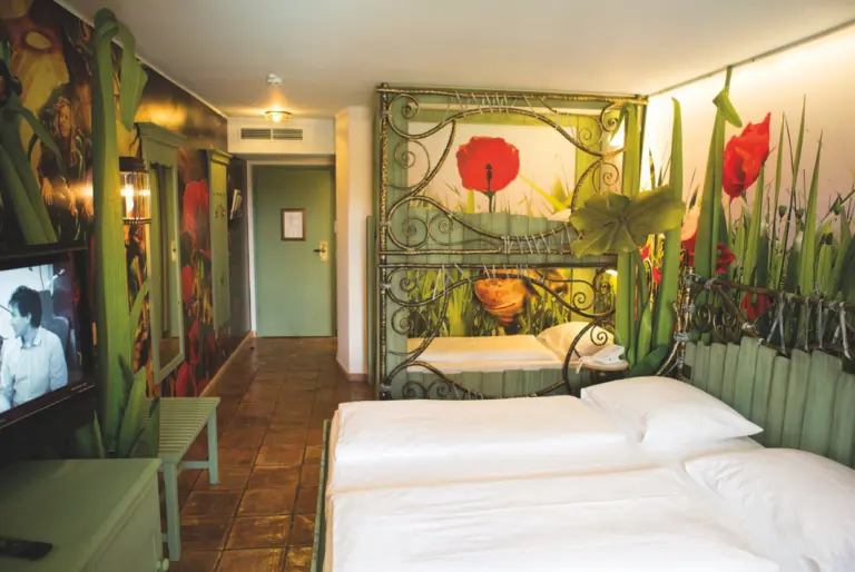A hotel room with lots of decorations