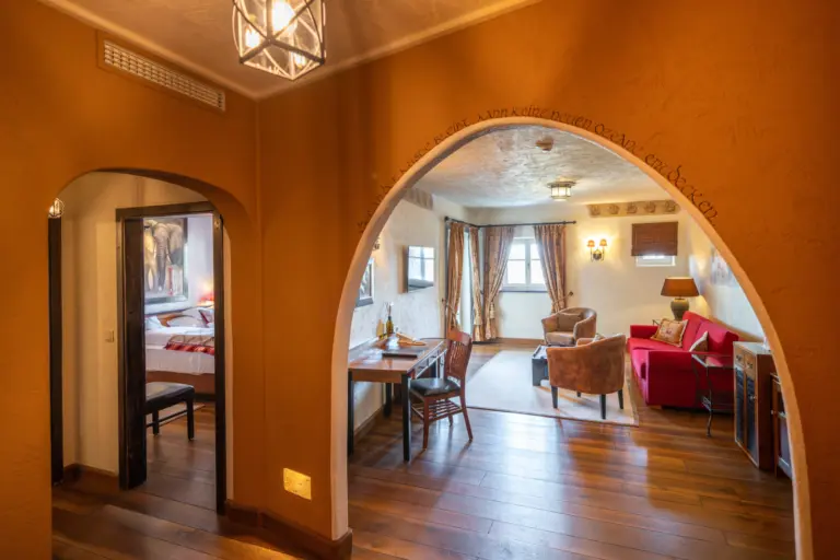 A hotel room designed in the style of a monastery
