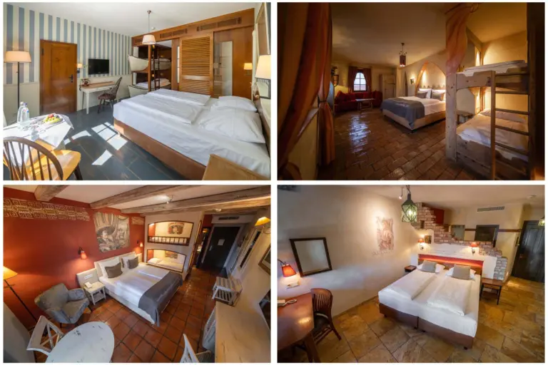 A collage of four photos of hotel rooms