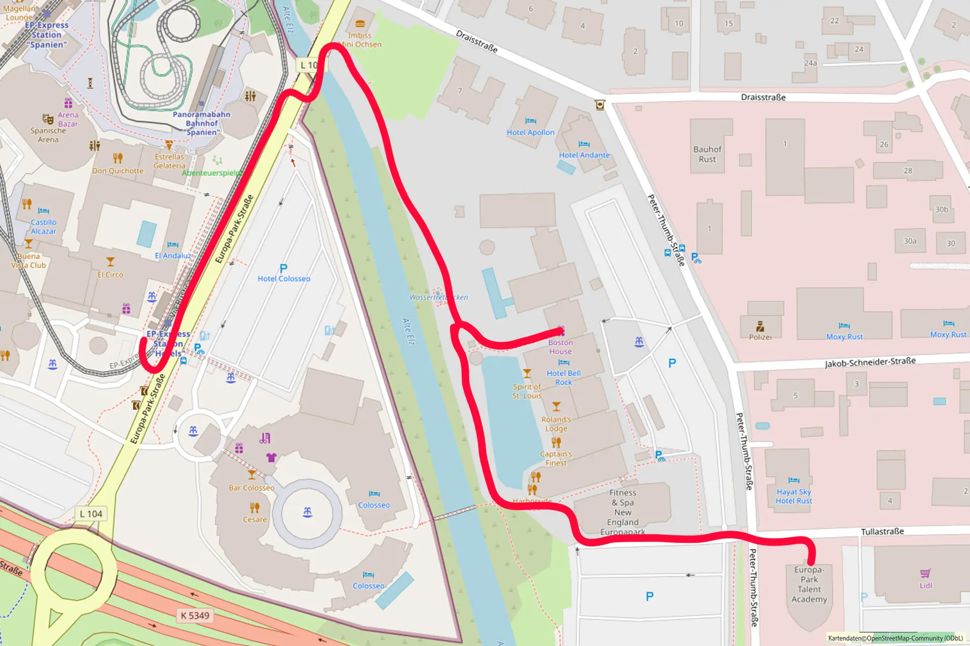 A map of the town of Rust, focusing on the area around the Europa-Park
