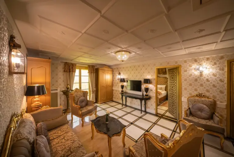 A large hotel room, a suite